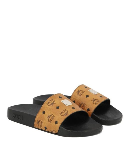 MCM White Monogram Print Rubber Sandals