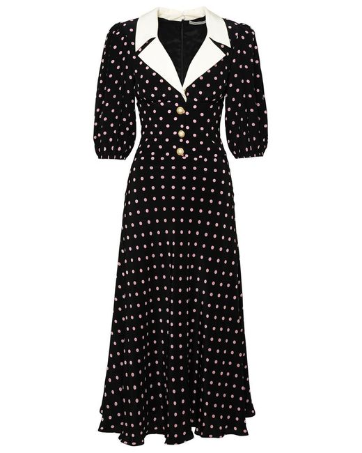 Alessandra Rich Black Padded-shoulder Notched-collar Silk Midi Dress