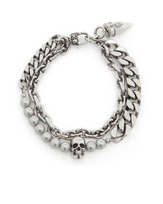 Alexander McQueen Metallic Bracelet With Pearls And Skull Studs for men