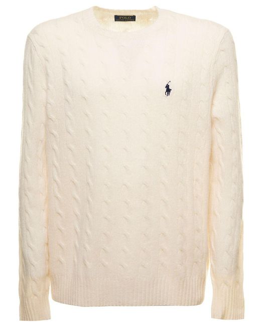 Polo Ralph Lauren Natural White Cable-knit Crewneck Sweater With Front Contrasting Logo Embroidery In Wool And Cashmere Man for men