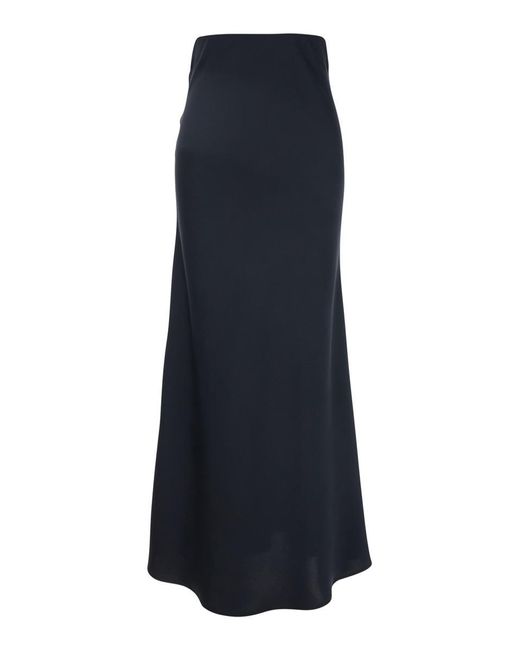 Plain Blue Long Skirt With Volant Detail