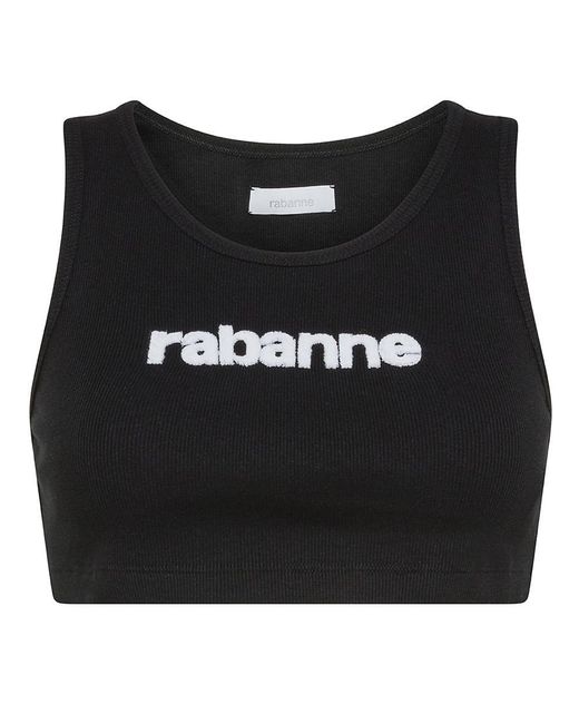 Rabanne Black Cropped Ribbed Stretch Cotton Top With Logo