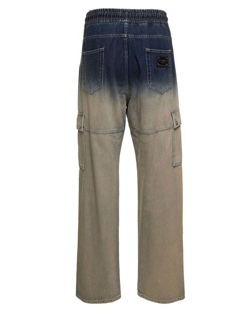 Dolce & Gabbana Blue And Beige Cargo Trousers With Logo Plaque And Gradient Effect In Cotton Denim Man for men