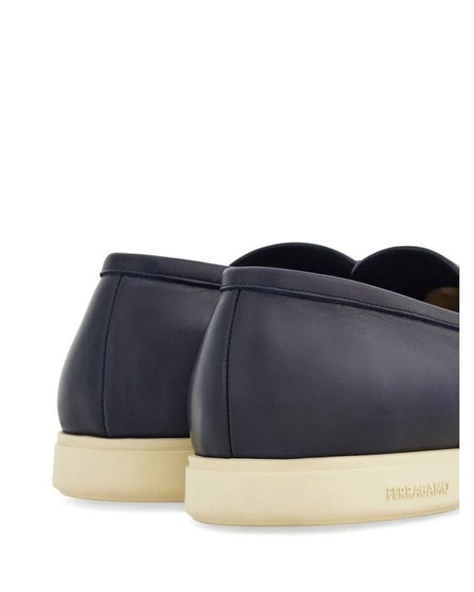 Ferragamo Blue Cosimo Leather Casual Loafers With Gancini Buckle Shoes for men