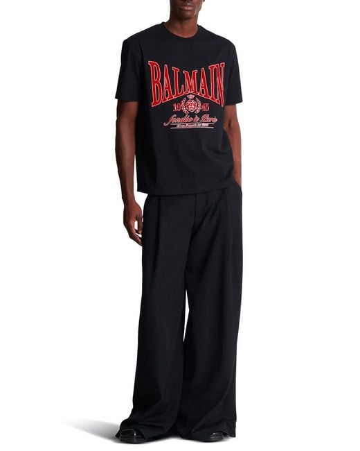 Balmain Red Short-Sleeved T-Shirt With Flocked College Print for men