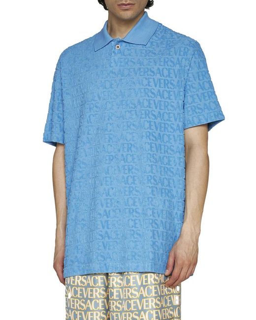 Versace Blue Logo Embroidered Cotton Polo Shirt for men