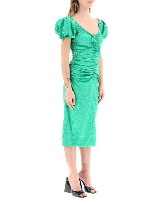 Ganni Green Crinkle Satin Midi Dress