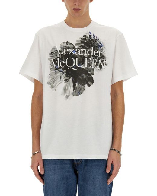 Alexander McQueen Gray Dutch Flower Logo T-Shirt for men