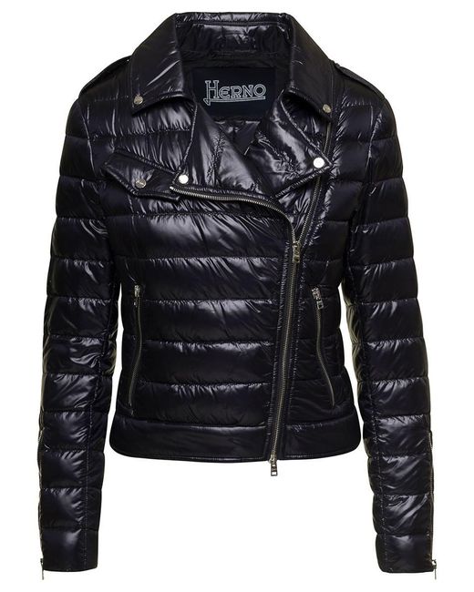 Herno Black Padded Biker Jacket With Rever Collar In Ultralight Nylon Woman