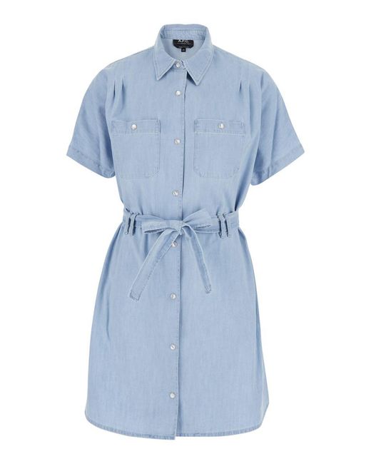 A.P.C. Blue 'Suzanne' Light Dress With Patch Pockets On The Chest And Waist Belt