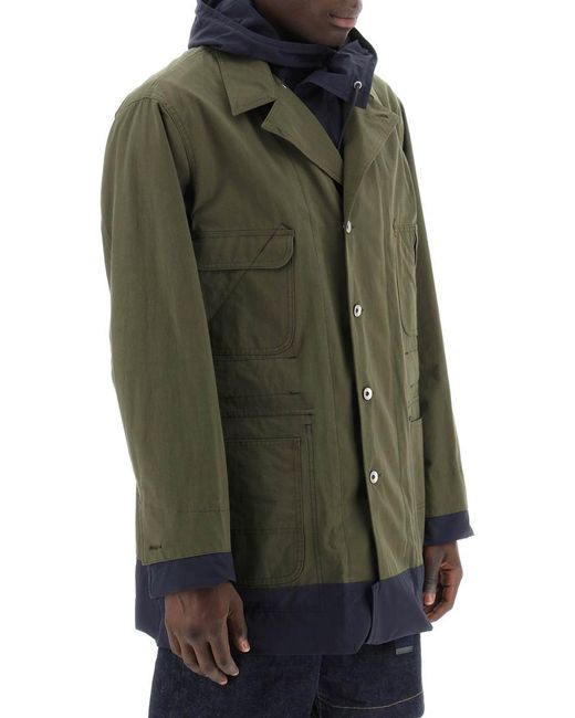 Sacai Green Reversible Cotton Blend Overcoat With for men