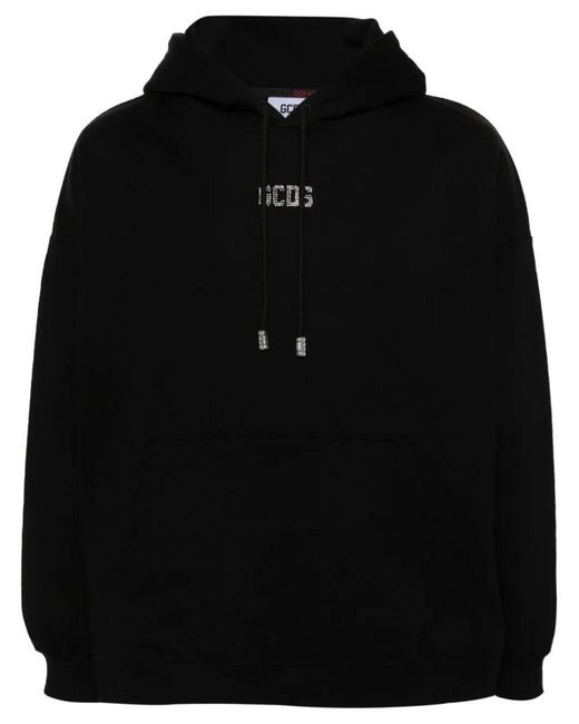 Gcds Black Crystal-Embellished-Logo Cotton Hoodie for men