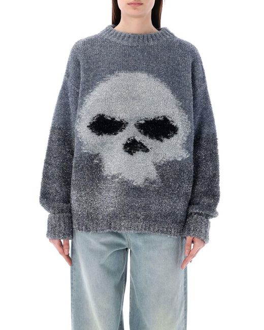 ERL Gray Glitter Skull Intarsia Sweater
