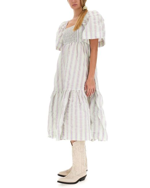 Ganni White Dress With Stripe Pattern