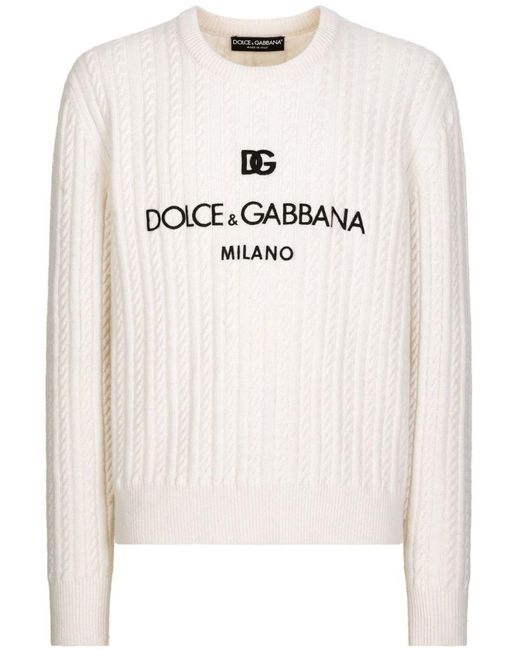 Dolce & Gabbana White Logo-embroidery Virgin Wool Sweater for men