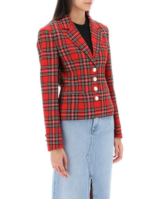 Alessandra Rich Red Wool Single-breasted Jacket With Tartan Motif