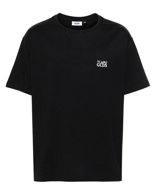 Gcds Black Cotton T-Shirt With Embroidered Logo for men