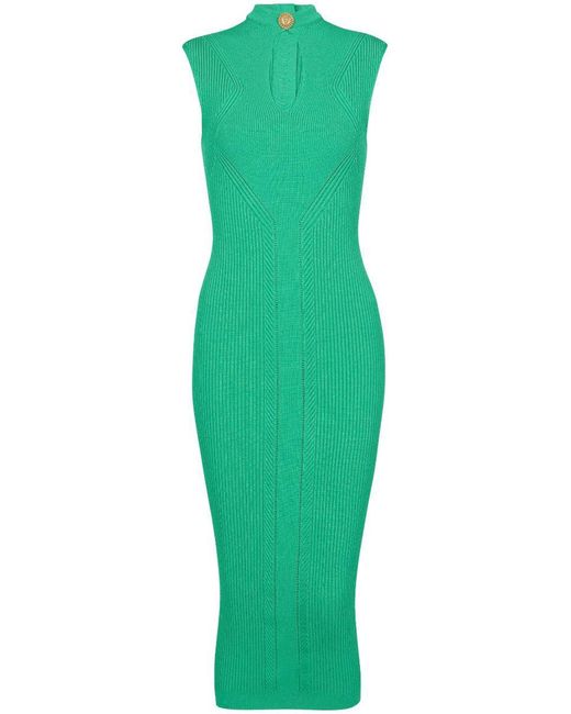 Balmain Green Ribbed-knit Midi Dress