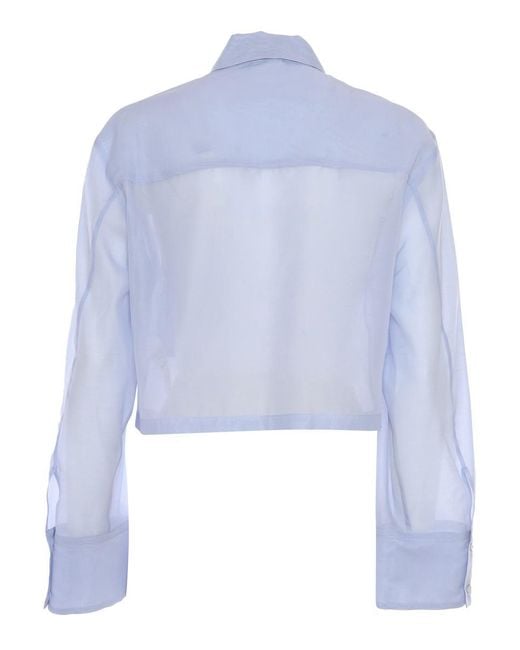 Peserico Blue Cropped Blouse With Classic Collar And Subtle Embellishment