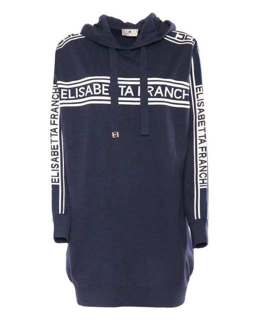 Elisabetta Franchi Blue Knitted Dress With Hood And Bold Branding