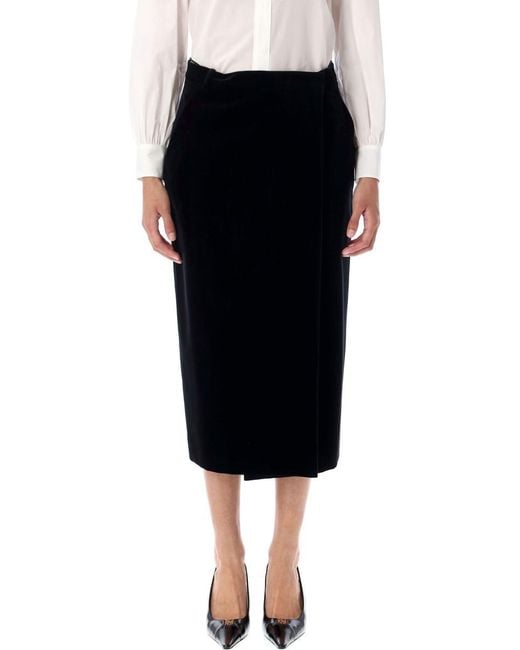 Saint Laurent Black Cotton Velvet Midi Wrap Skirt