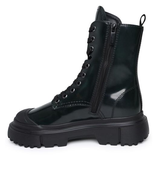 Hogan Black H619 Green Leather Combat Boots