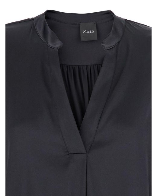 Plain Black Blouse With V Neck And Buttoned Cuffs