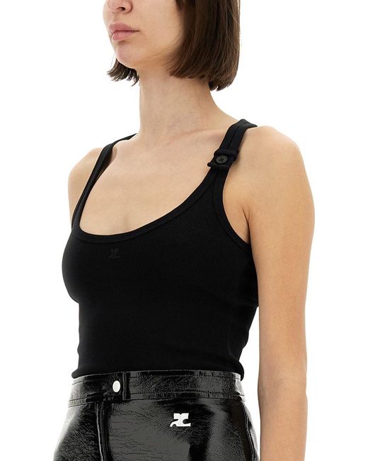 Courreges Black Ribbed Tank Top With Adjustable Straps