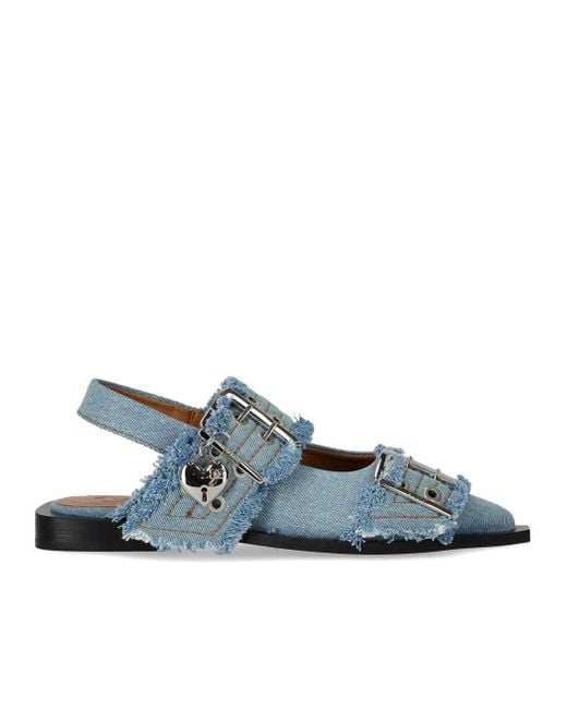 Ganni Blue Faded Denim Slingback Ballet Flat Shoe With Buckles