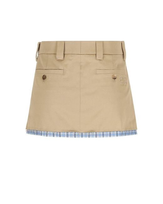 Miu Miu Natural Checked Tailored Cotton-Twill Mini Skirt