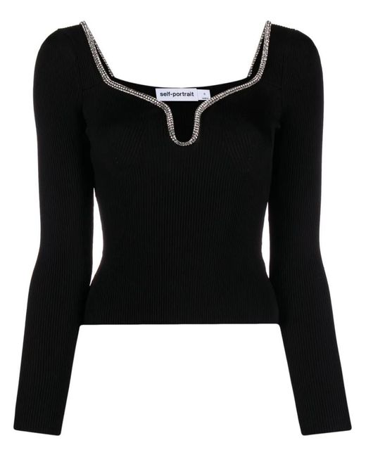 Self-Portrait Black Ribbed Sweater With Decoration