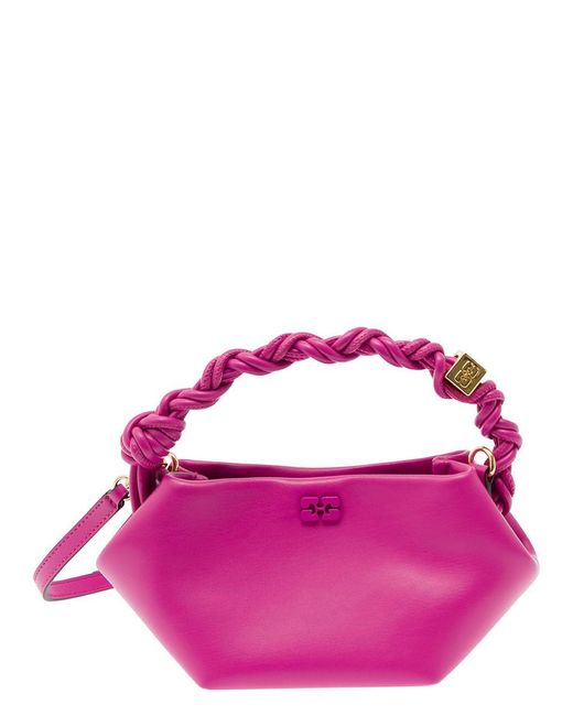 Ganni Purple 'bou' Fuchsia Shoulder Bag With Knotted Handle In Leather Woman