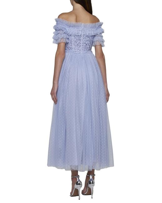 Needle & Thread Blue Midsummer Lace And Tulle Off-shoulder Ankle Gown