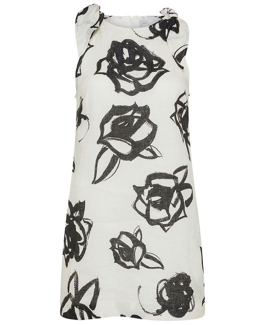 MSGM Gray Short Linen Dress With Rose Print
