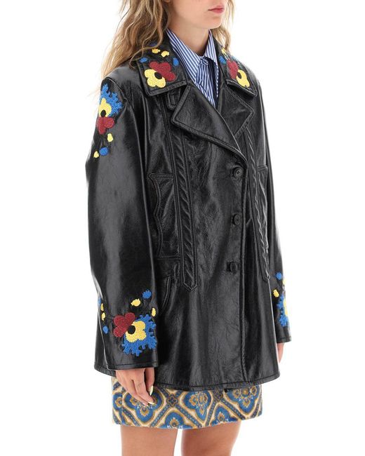 Etro Black Jacket In Patent Faux Leather With Floral Embroideries