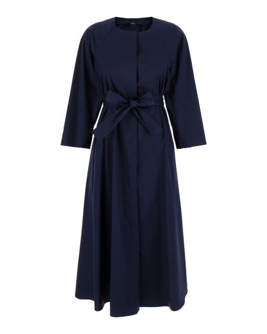 Plain Blue Long Dress With Belt