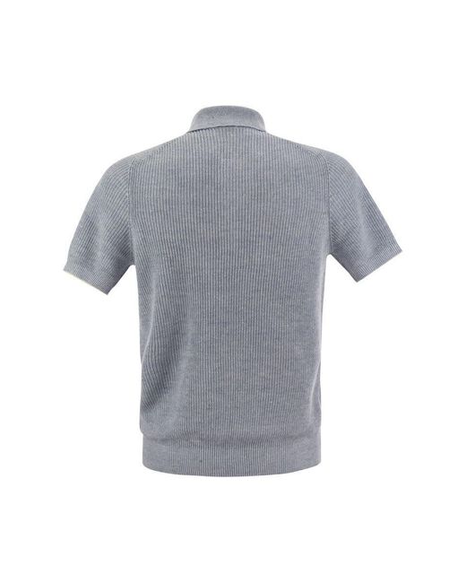 Brunello Cucinelli Gray Linen And Cotton Half-rib Knit Polo Shirt With Contrasting Detailing for men