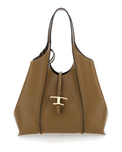 Tod's Brown 'Timeless T' Tote Bag With Two Top Handles And Logo Plaque On The Front