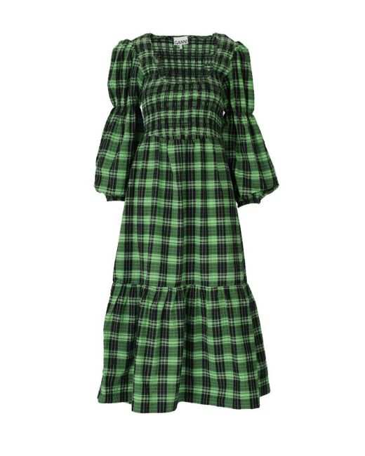 Ganni Long Sleeve Green Seersucker Check Maxi Smock Dress