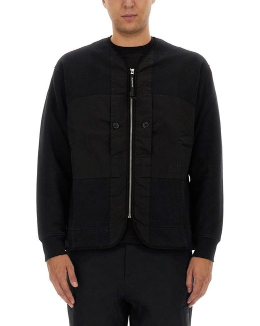 C P Company Black Buttoned Front Zip Sweatshirt for men