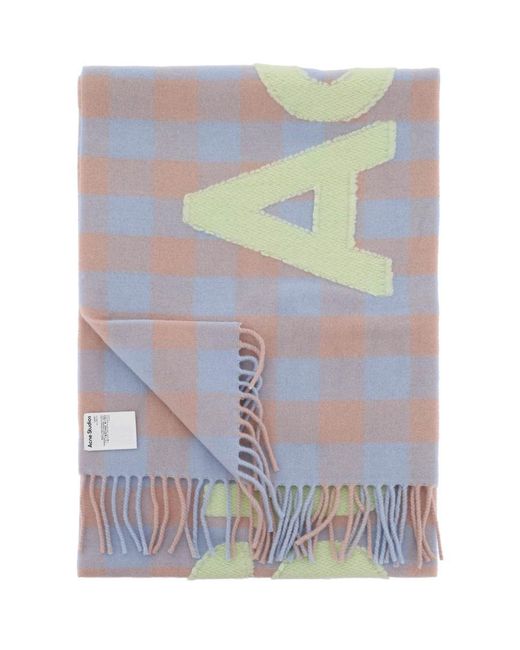 Acne Blue "Checked Scarf With Logo Pattern"