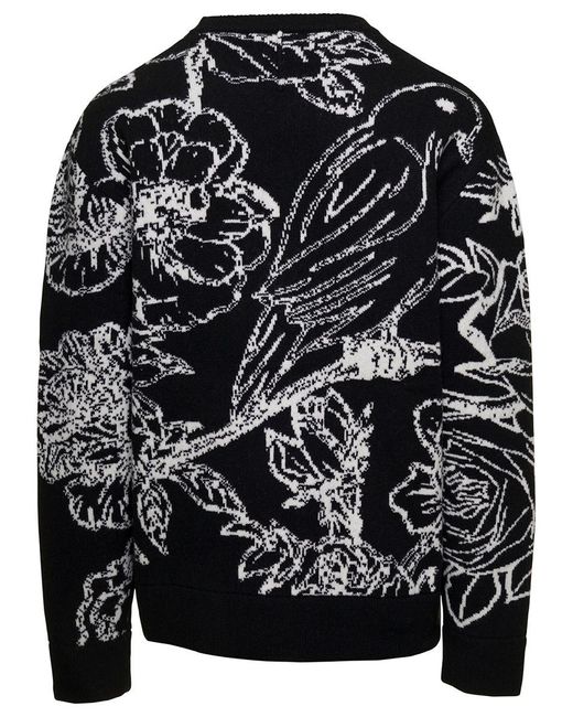 3.PARADIS Black Knit Crewneck Sweater Flowers for men