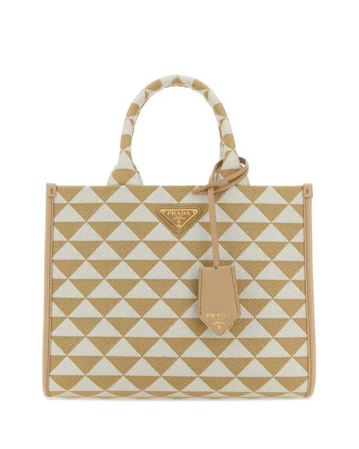 Prada Natural Embroidered Fabric Small Symbole Shopping Bag