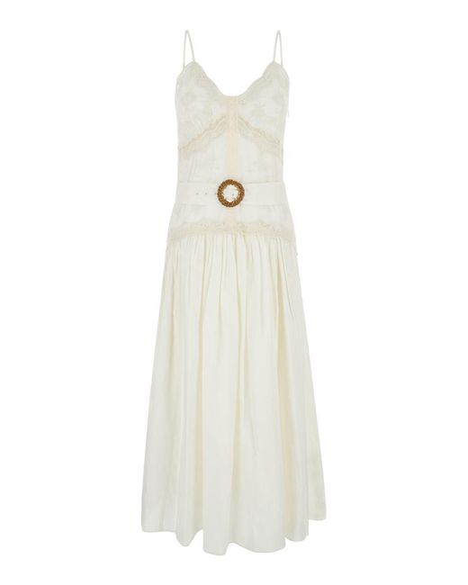 Twin Set White Long Cream Dress With Embroideries And Matching Belt