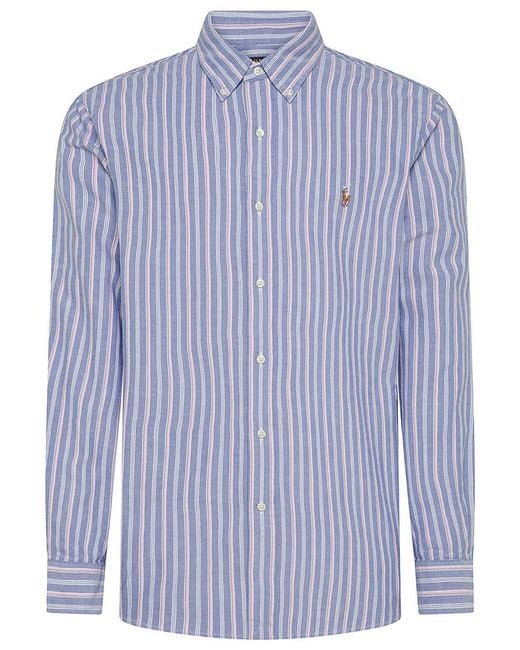 Polo Ralph Lauren Blue Cotton Shirt With Striped Pattern And Logo for men