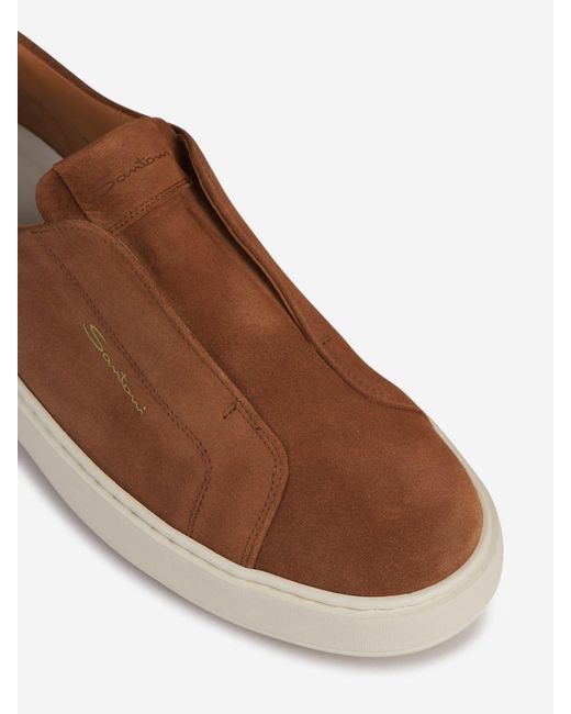 Santoni Brown Leather Slip-on Sneakers for men