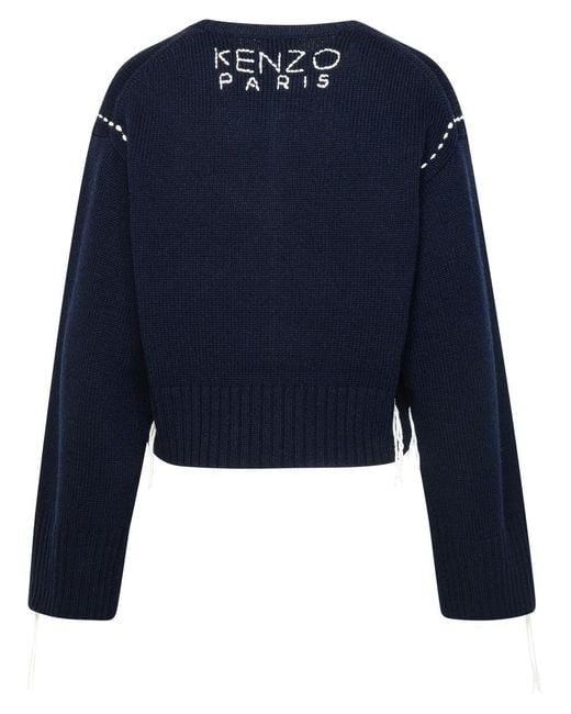 KENZO Blue Sashiko Stitch Sweater In Navy Wool Blend
