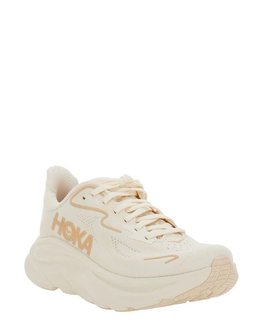 Hoka One One White 'Clifton 10' Low Top Sneakers With Oversize Sole And Logo Lettering On The Side