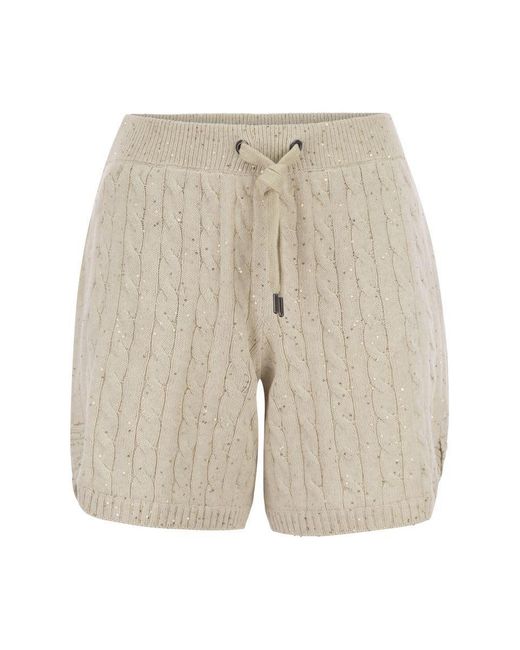 Brunello Cucinelli Natural Cotton Knit Shorts With Sequins