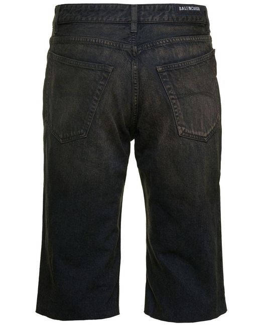 Balenciaga Black Bermuda Shorts With Washed-out Effect And Logo Patch In Cotton Denim Man for men